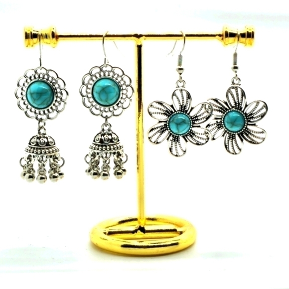 Boho Jewelry - 2 pair Bohemian Style Vintage Turqoise Dangle Earrings